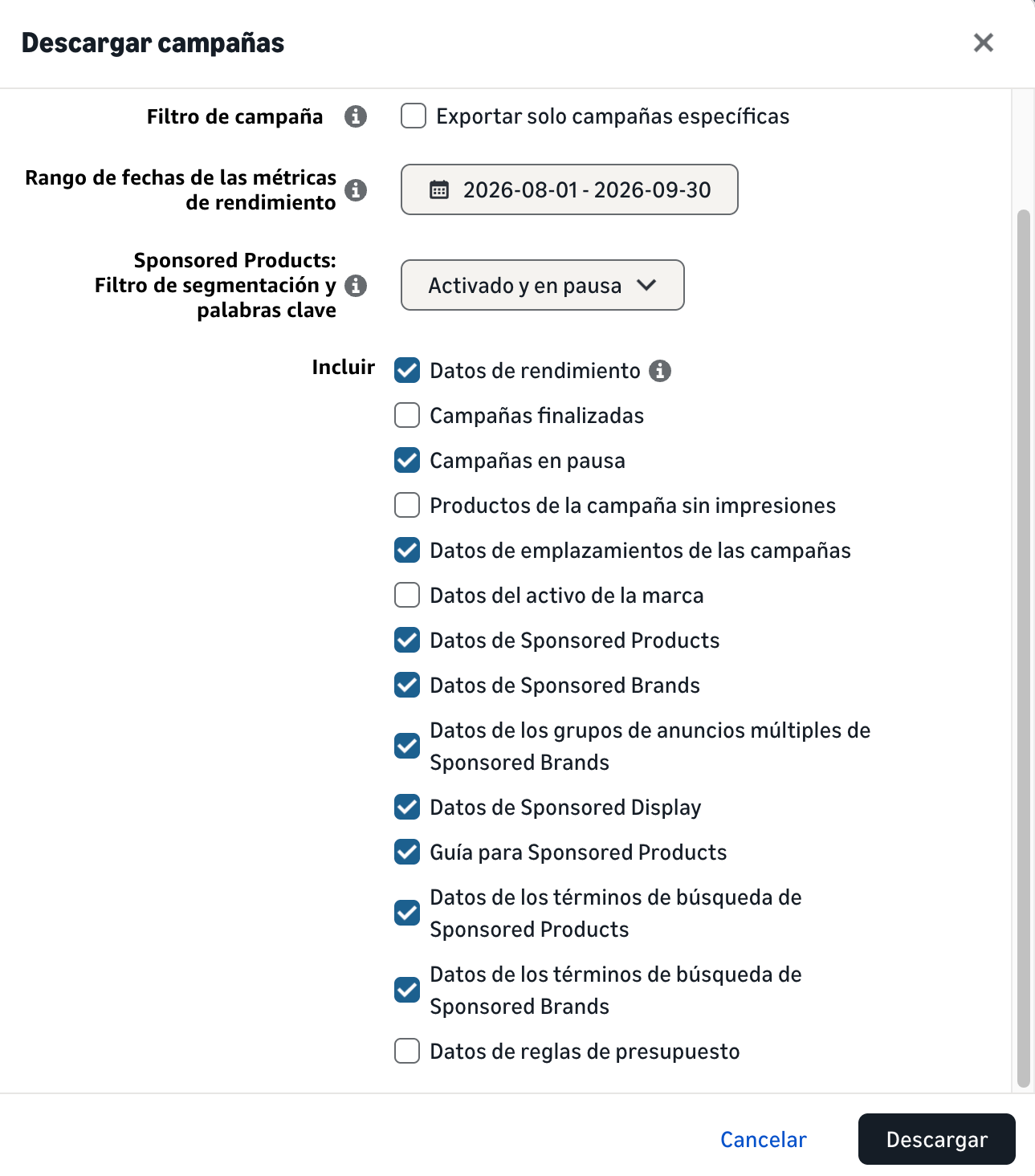 Configuración del reporte de Amazon Ads
